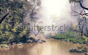 Фотообои 3D тропический пейзаж с пышной растительностью и небольшим озером